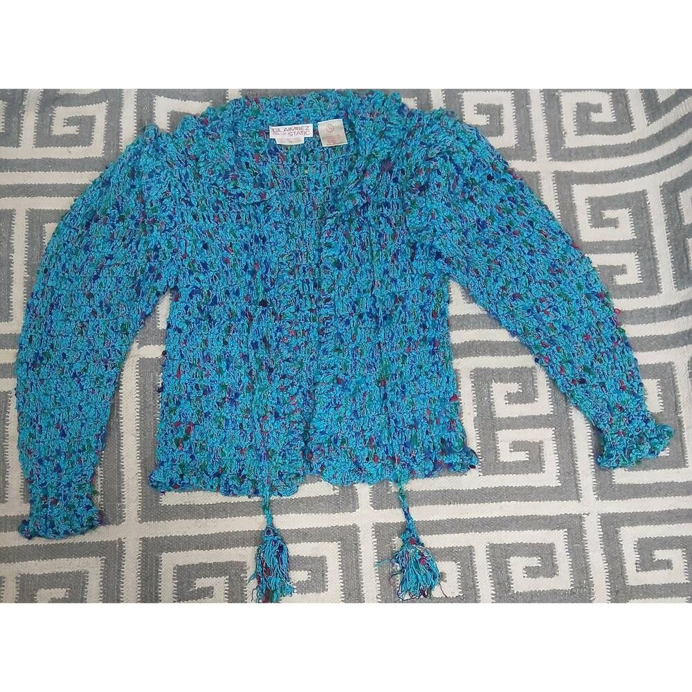 Gil aimbez womens small boxy fringe sweater jacket blue boho art knoby tassels